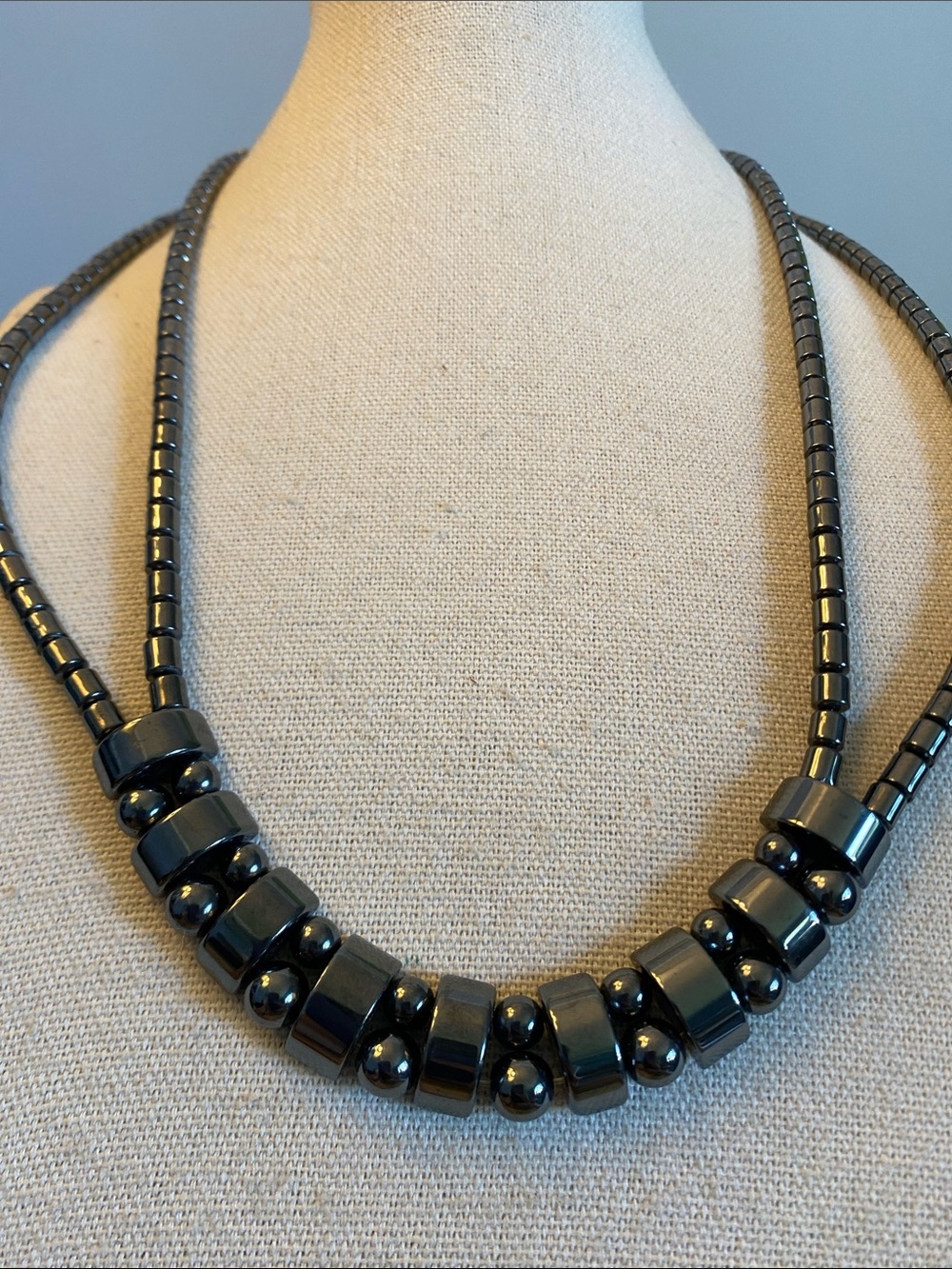 Vintage Double Strand Hematite Beaded Necklace Gold Tone Clasp 21”